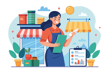 The woman stands in front of her shop, holding a clipboard and checking notes with a smile on a bright day, Illustration of a woman with a shop and notes