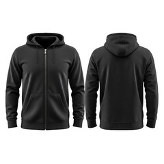 Black zip-up hoodie with front and back views, featuring a hood and drawstrings.