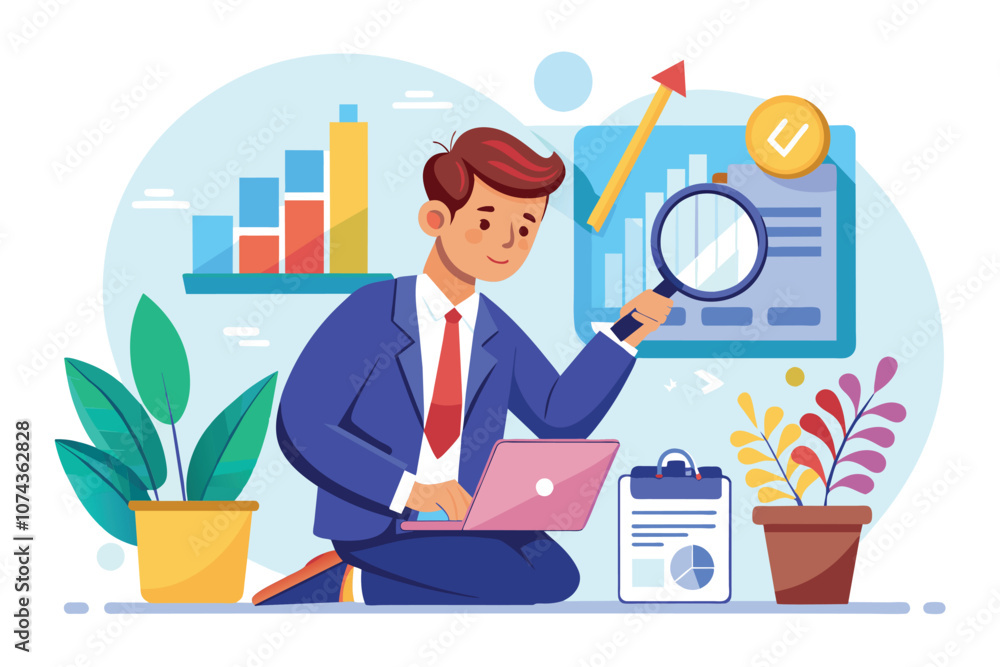 Poster a businessman crouches while using a magnifying glass to analyze charts and data in his workspace, i