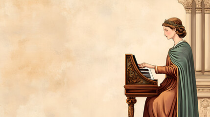 
St. Cecilia of Rome Playing Organ in Ancient Rome, Biblical Illustration, Beige Background, Copyspace 