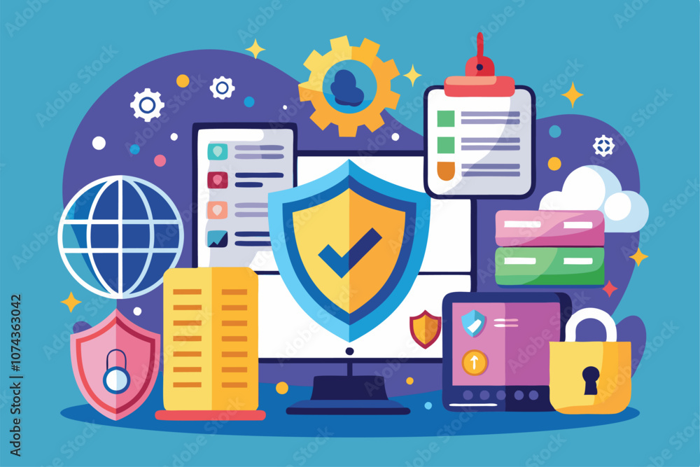 Aufkleber visual representation of data security measures, featuring shields, devices, and a network globe, il