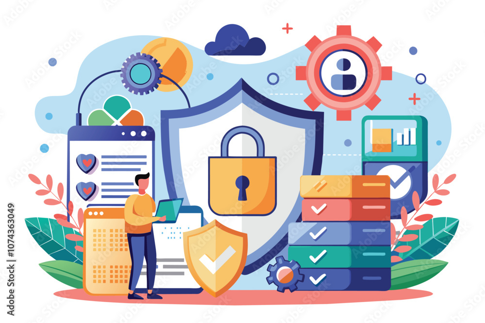 Poster a person interacts with digital tools related to data protection, emphasizing security and privacy, 