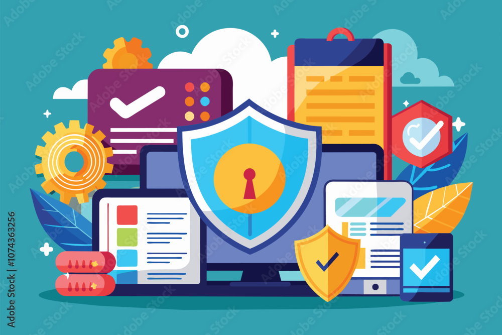 Aufkleber visual representation of data security concepts with devices, shields, and checkmarks illustrating p