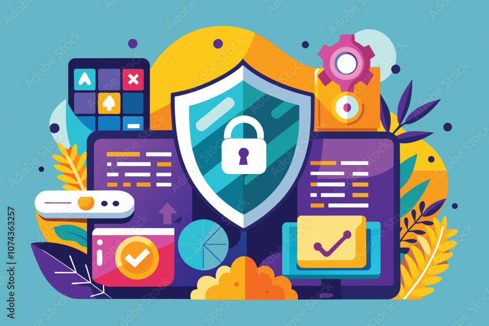 Poster a colorful illustration of data protection ideas featuring security shields and digital elements in 