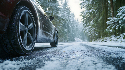 close-up of a car driving down a scenic summer road, its tires designed for warm weather. As it moves forward, the background shifts from a lush, green forest road to a snowy, icy path, showcasing the