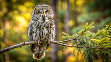 Fototapeta premium Majestic Great Grey Owl perched on a tree branch, Great Grey Owl, bird, wildlife, predator, nocturnal, feathers, beautiful