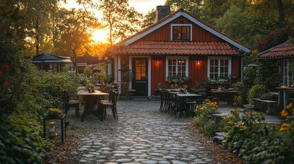 Obraz premium Cozy red cottage with patio seating at sunset.