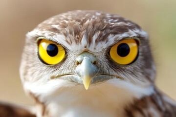 A close up of a bird with yellow eyes