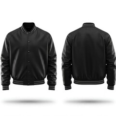A stylish black varsity jacket with a smooth leather finish. The jacket features a classic design with a ribbed collar, cuffs, and waistband. It has a button-up front
