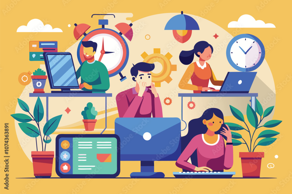 Poster individuals engage with computers in a vibrant office, focused on their tasks while keeping time, il