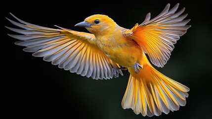 Obraz premium Vibrant yellow bird in mid-flight showcasing its colorful plumage.