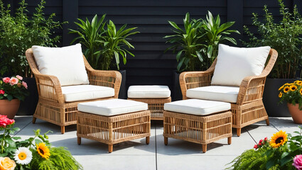Fototapeta premium Stylish and inviting outdoor patio setup featuring wicker armchairs, ottomans, and lush greenery backdrop