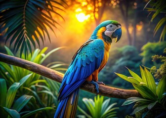 Obraz premium Mesmerizing low-light image captures a blue and gold macaw in a tropical habitat, displaying brilliant feathers and soft lighting, appealing to lovers of nature and wildlife.