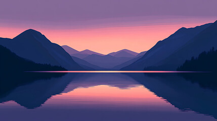 A mirror-like lake at sunrise with the sky turning purple and pink, mountains silhouetted against the dawn light, creating a peaceful and otherworldly atmosphere