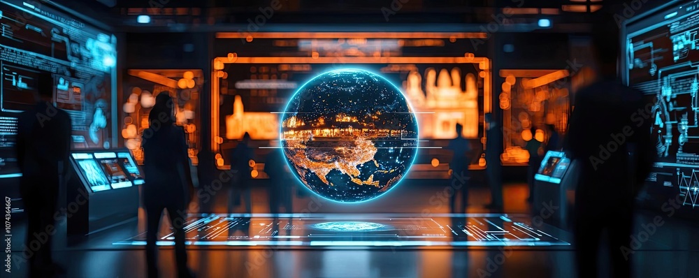 Aufkleber futuristic digital globe in a high-tech environment with interactive displays.