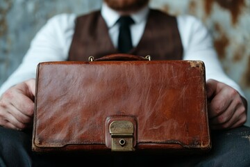 A man in a vest and tie holding a brown briefcase