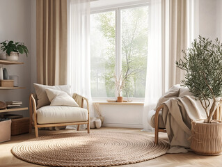 Minimalist living room in soft neutrals, in style of bohemian chic design, layered with cozy textiles, rattan accents, potted plants, and floor lamps. Light, airy, peaceful, warm, natural atmosphere
