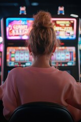 Naklejka premium Woman playing slot machine in casino gambling for jackpot