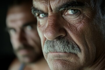 A close up of a man with a mustache and moustache