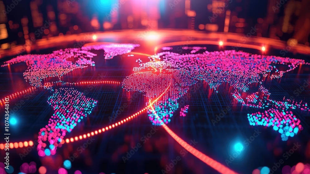 Poster digital world map with vibrant data connections on a dark background.