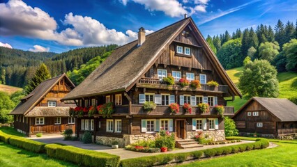 Closeup of a traditional farmhouse at Black Forest Open Air Museum in Gutach, Schwarzwald, Germany