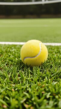 Soft focus of tennis ball resting on vibrant green tennis grass court, sport, blurred