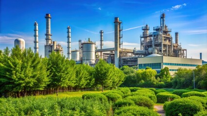 Obraz premium Industrial plant against a clear blue sky with lush green vegetation , industrial, landscape, blue sky