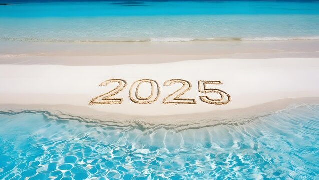 The year 2025 written in the sand at the beach