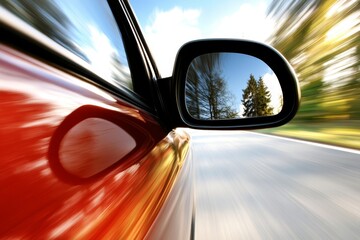 Fototapeta premium A rear view mirror of a red car driving down a road