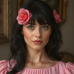 Naklejka premium Una linda mujer muy seria con ojos azules y dos rosas en el cabello