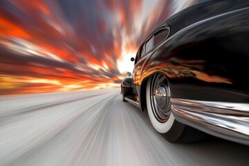 A black car driving down a road with a sunset in the background
