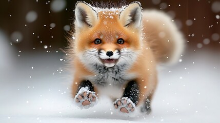 Fototapeta premium The cute fox baby is frolicking in the snow, its fluffy fur coated with delicate snowflakes as it playfully bounds through the winter wonderland, leaving tiny paw prints behind.