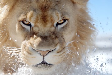 A close up of a lion splashing in the water