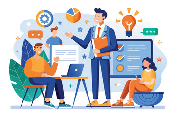 A group engages in coaching training, sharing ideas and strategies for business success in a lively environment, Infographic for coaching business training with flat illustrations.