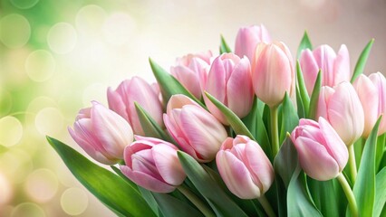 Fototapeta premium Arrangement of soft pink tulips with lush green leaves, tulips, pink, flowers, arrangement, green, leaves, beautiful, nature