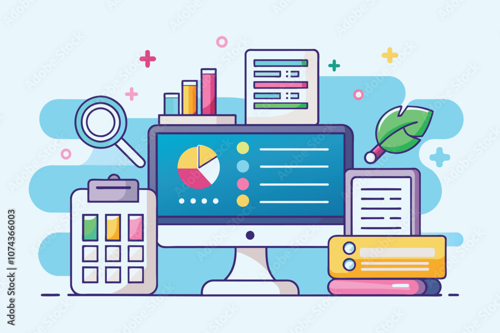 Poster a vibrant workspace displays various tools for input data analysis, highlighting productivity and or