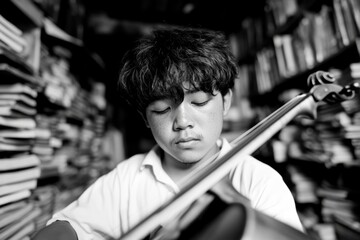 A young boy playing a violin in front of a bookshelf