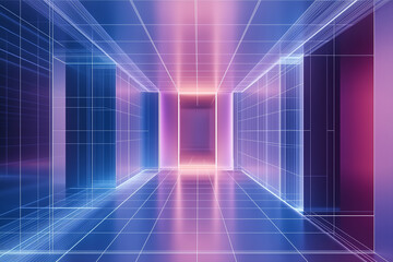 Fototapeta premium Minimalist 3D wireframe grid, in style of modern digital design, precise geometric shapes with metallic textures, soft blue and purple glow, smooth, clean, structured, high-tech, symmetrical