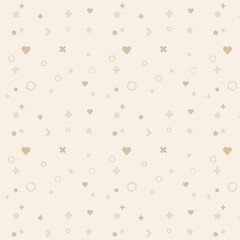Abstract minimal pattern texture with beige and white colors and geometric shapes likes circle, hearts, plus icon and dots in it.Repeating pattern.