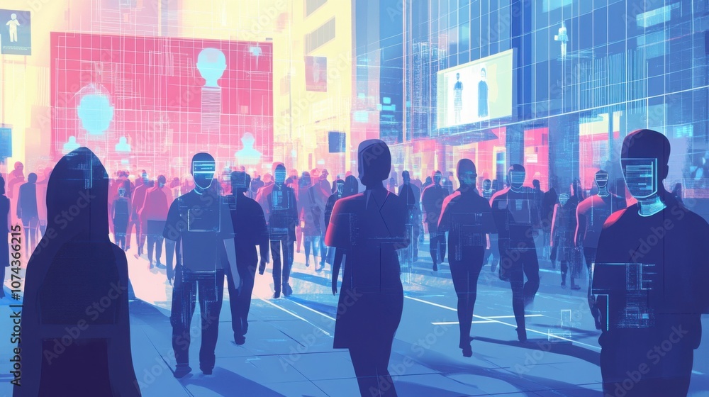Poster ai facial recognition technology analyzing a crowd, security interface in high-tech setting.