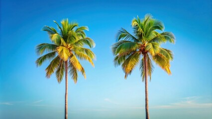 Obraz premium Two palm trees towering side by side, palm trees, tropical, nature, landscape, green, sky, sunshine, vacation, travel, exotic