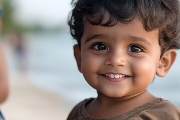 A small child smiles at the camera on the beach