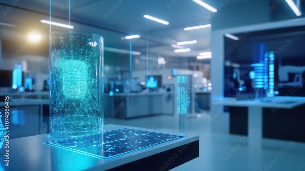 Poster ai laboratory with quantum computing units and holographic screens analyzing complex data