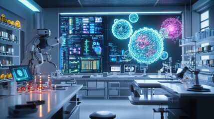 AI laboratory with quantum computing units and holographic screens analyzing complex data.