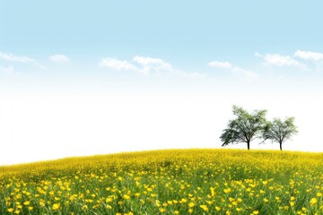 Obraz premium Hilly grass field with yellow blossom trees landscape grassland outdoors.