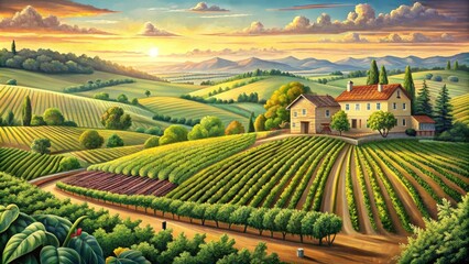 Naklejka premium European Vineyard Landscape Typography Poster Design Featuring Simple Pencil Drawing for Food Photography, Farm Labels, Cover Art, and T-Shirt Graphics