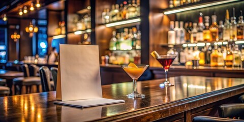A blank flyer on a bar counter in a chic restaurant with ambient lighting and cocktails nearby, flyer, bar counter