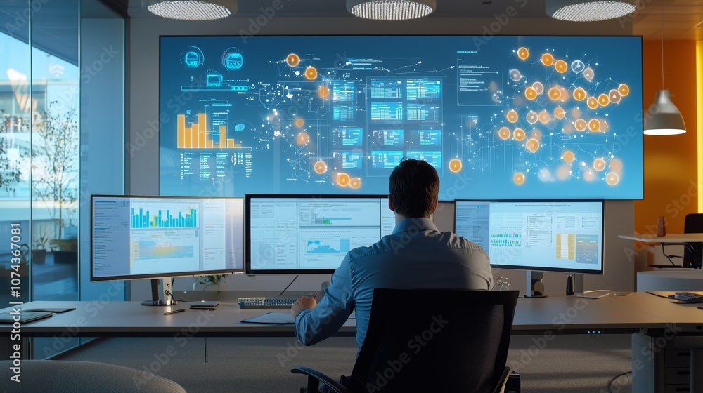Poster entrepreneur working in a modern office setting analyzing data on multiple computer screens with dyn