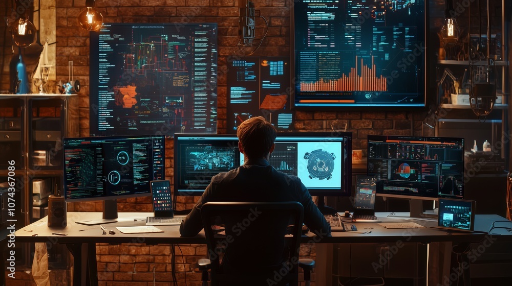 Poster a focused entrepreneur analyzing data on multiple modern screens in an innovative workspace with adv