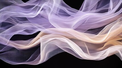Obraz premium Layers of delicate tulle fabric in shades of lavender, blush, and cream, cascading gracefully over a black canvas, forming abstract curves and shapes,